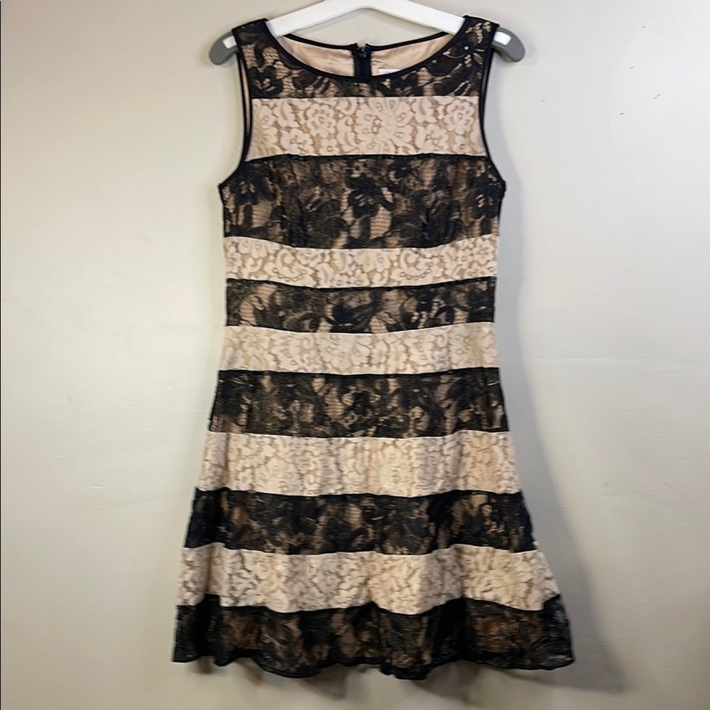Jessica Simpson Black Cream Striped lace Sleeveless Mini Dress EUC #276